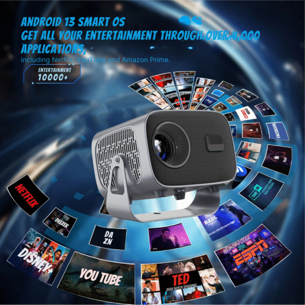 A10 Smart Projector 1080P FHD + K8 Game Stick | Android 13, 4K Support, 10,000+ Live Channels, 40,000+ Games, 450 ANSI Lumens | Home Theater & Gaming Combo
