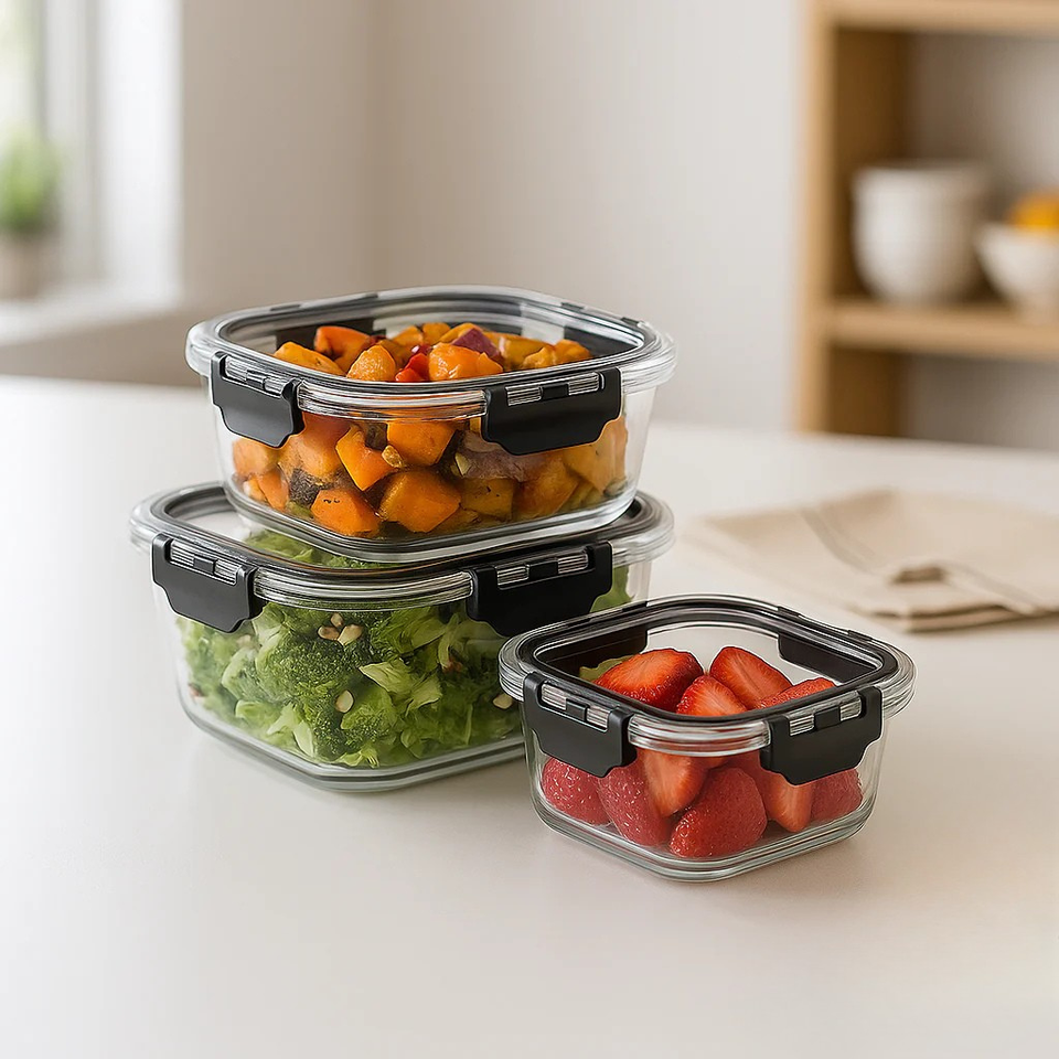 3pcs Square Glass Food Storage Containers – 320ml, 580ml, 800ml | Leak-Proof, BPA-Free
