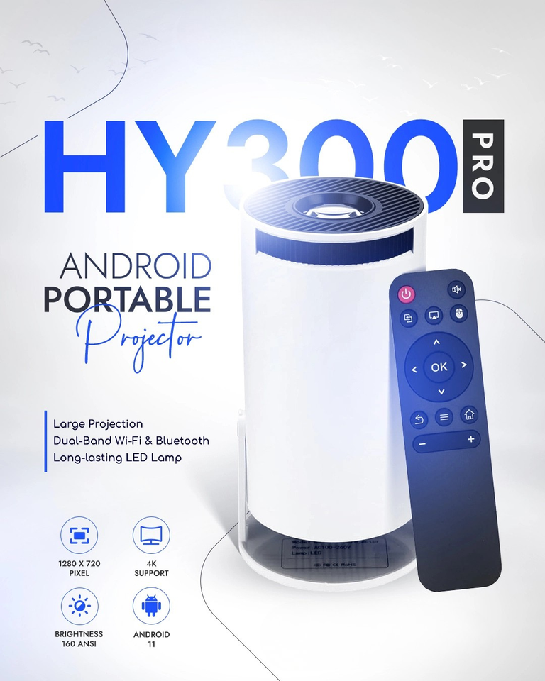 HY300 Pro Projector 4K Supported, Android 11, Dual Wifi6, 260 ANSI Lumens, Allwinner H713 BT5.0, 1080P 1280x720P, Home Cinema Outdoor Projector