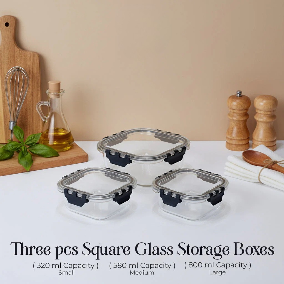 3pcs Square Glass Food Storage Containers – 320ml, 580ml, 800ml | Leak-Proof, BPA-Free